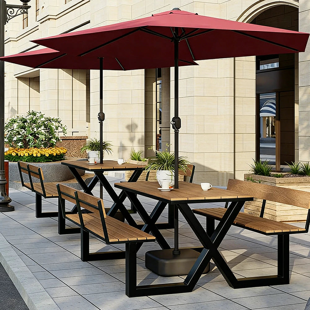 SOLARA Outdoor Table and Bench Set Backrest Design Heavy Duty Steel Frame 120/160/200cm Patio Garden Dining Set No Umbrella - Black