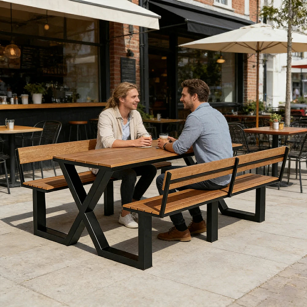 SOLARA Outdoor Table and Bench Set Backrest Design Heavy Duty Steel Frame 120/160/200cm Patio Garden Dining Set No Umbrella - Black