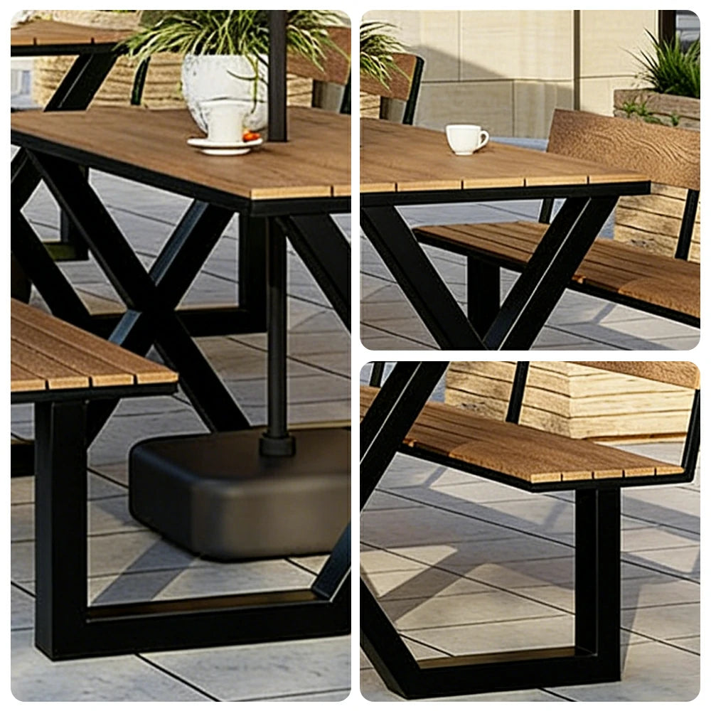 SOLARA Outdoor Table and Bench Set Backrest Design Heavy Duty Steel Frame 120/160/200cm Patio Garden Dining Set No Umbrella - Black