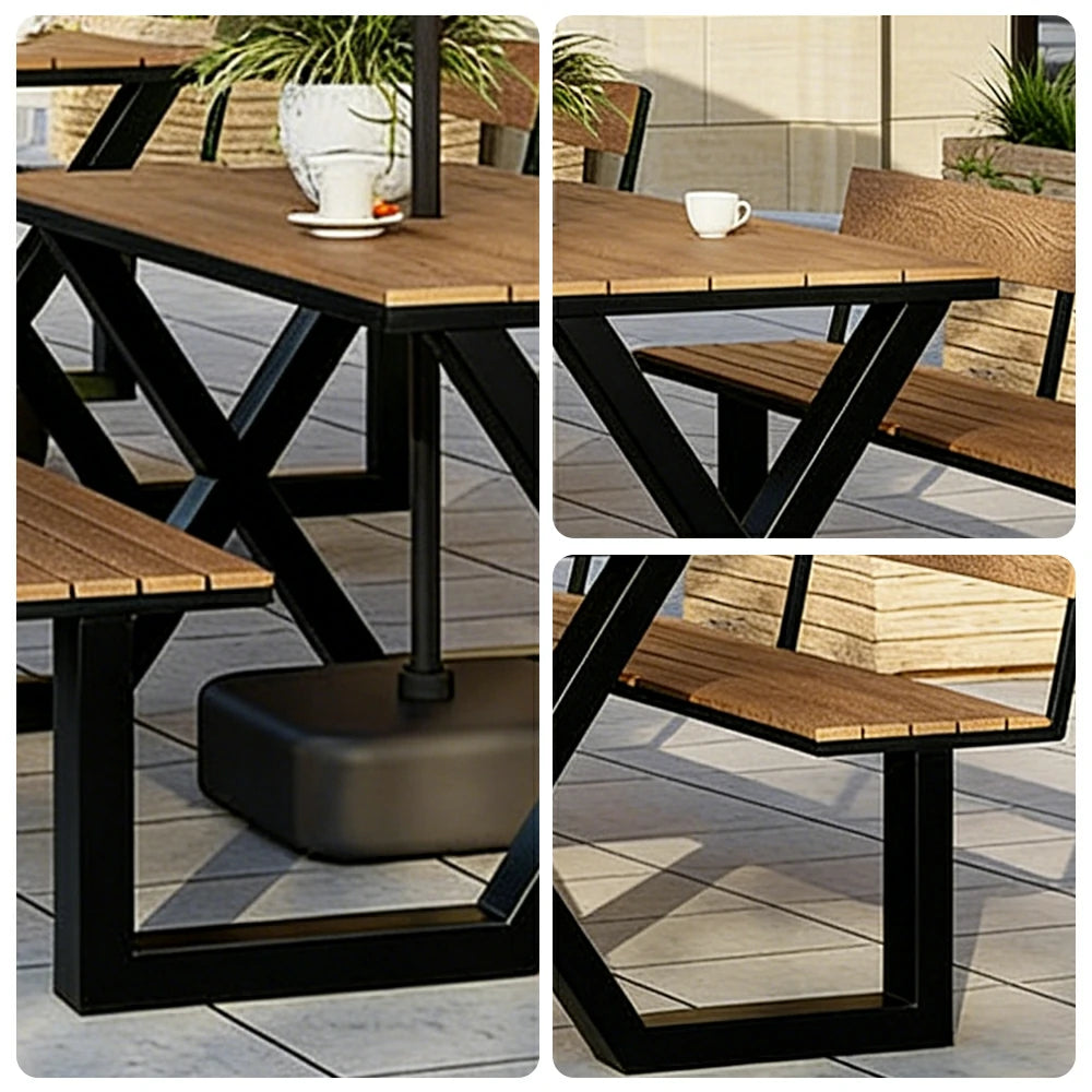 SOLARA Outdoor Table and Bench Set with Umbrella Backrest Design Steel Frame 120/160/200cm Patio Garden Dining Set Weather Resistant - Black