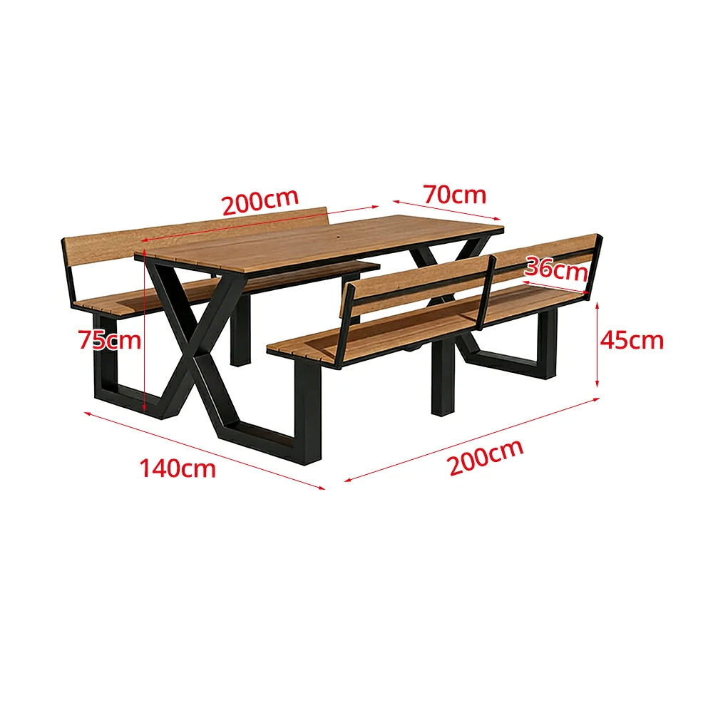 SOLARA Outdoor Table and Bench Set Backrest Design Heavy Duty Steel Frame 120/160/200cm Patio Garden Dining Set No Umbrella - Black