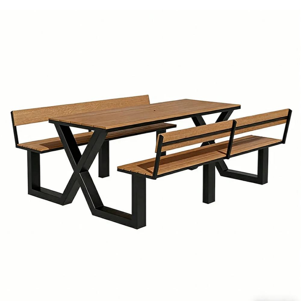 SOLARA Outdoor Table and Bench Set Backrest Design Heavy Duty Steel Frame 120/160/200cm Patio Garden Dining Set No Umbrella - Black