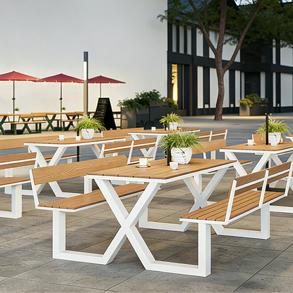 SOLARA Outdoor Table and Bench Set Backrest Design Heavy Duty Steel Frame 120/160/200cm Patio Garden Dining Set No Umbrella - White