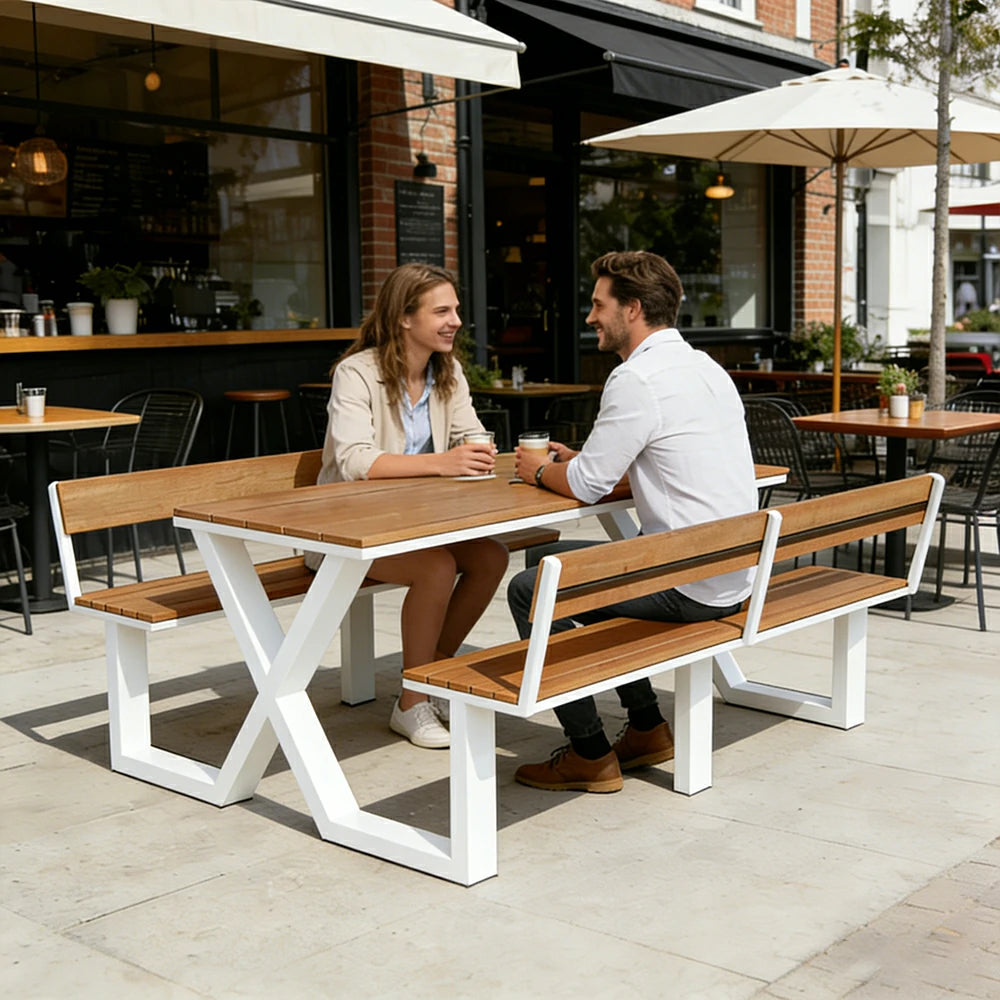 SOLARA Outdoor Table and Bench Set Backrest Design Heavy Duty Steel Frame 120/160/200cm Patio Garden Dining Set No Umbrella - White