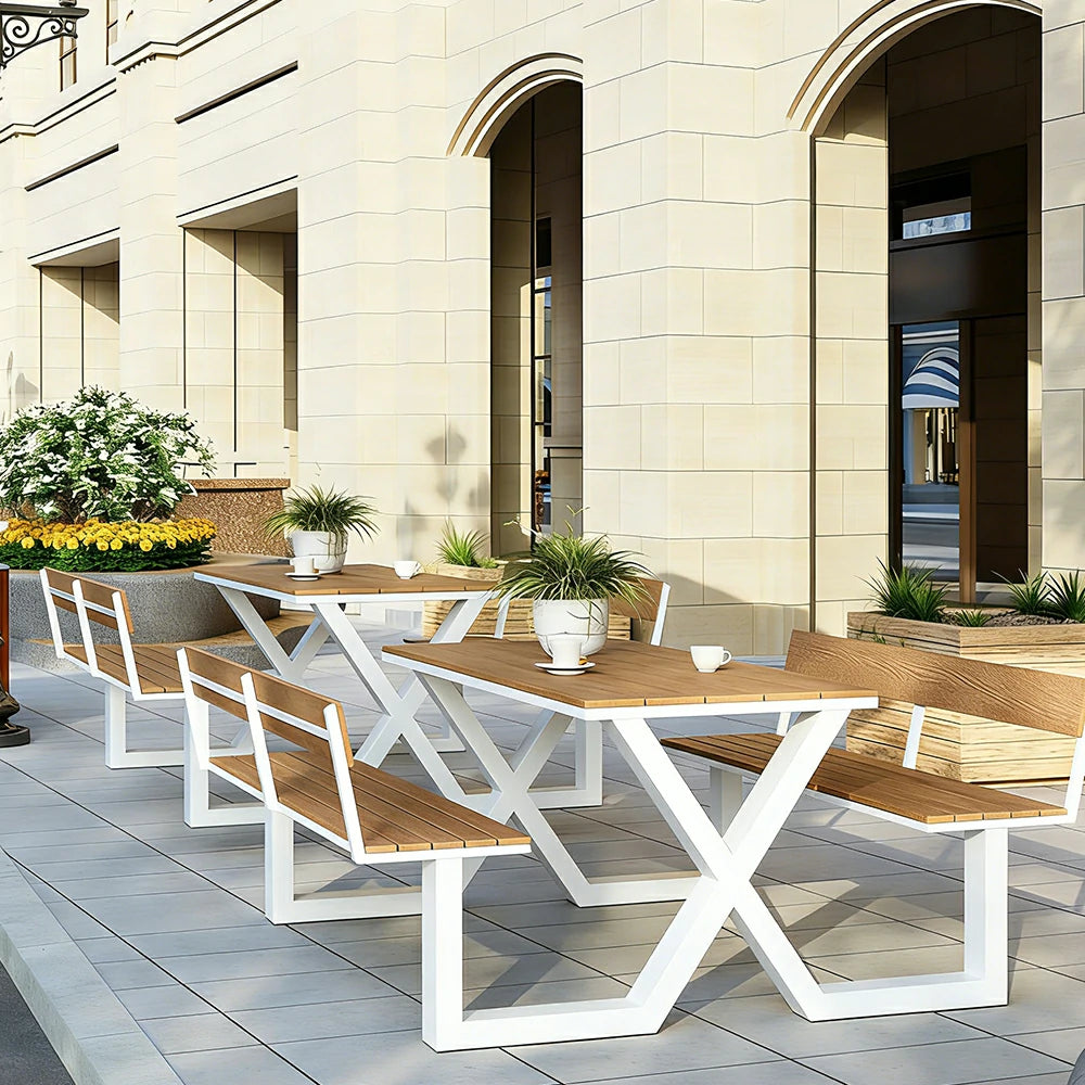 SOLARA Outdoor Table and Bench Set Backrest Design Heavy Duty Steel Frame 120/160/200cm Patio Garden Dining Set No Umbrella - White
