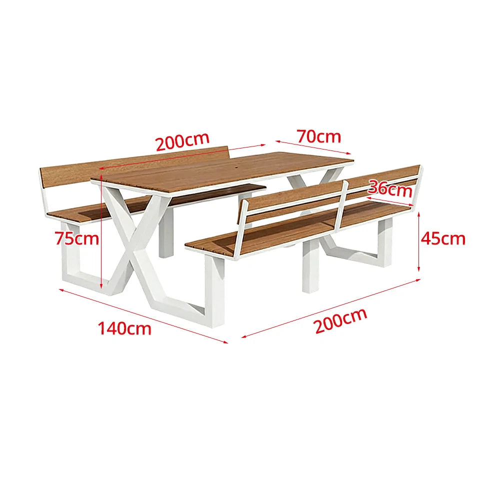 SOLARA Outdoor Table and Bench Set Backrest Design Heavy Duty Steel Frame 120/160/200cm Patio Garden Dining Set No Umbrella - White