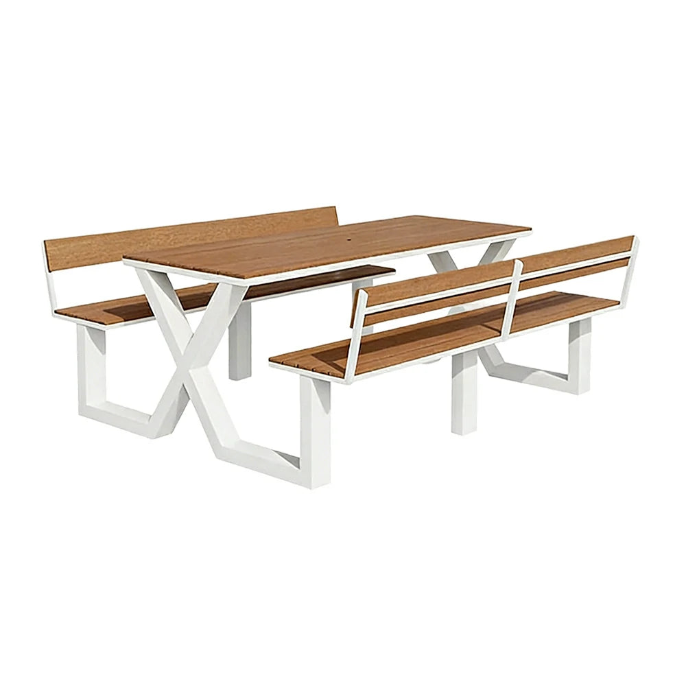 SOLARA Outdoor Table and Bench Set Backrest Design Heavy Duty Steel Frame 120/160/200cm Patio Garden Dining Set No Umbrella - White