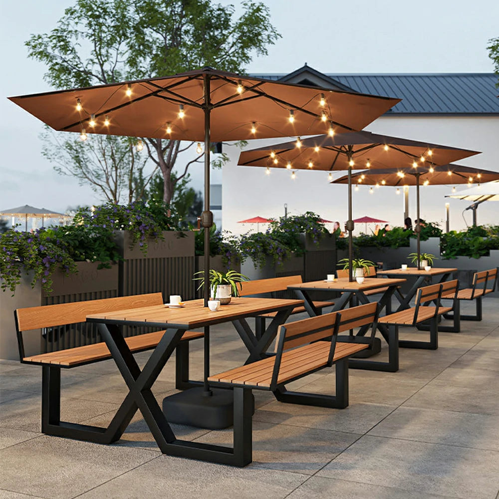 SOLARA Outdoor Table and Bench Set with Umbrella Backrest Design Steel Frame 120/160/200cm Patio Garden Dining Set Weather Resistant - Black