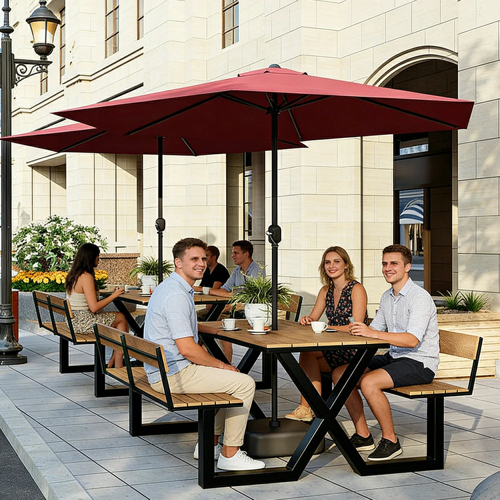 SOLARA Outdoor Table and Bench Set with Umbrella Backrest Design Steel Frame 120/160/200cm Patio Garden Dining Set Weather Resistant - Black