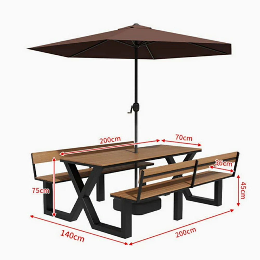 SOLARA Outdoor Table and Bench Set with Umbrella Backrest Design Steel Frame 120/160/200cm Patio Garden Dining Set Weather Resistant - Black