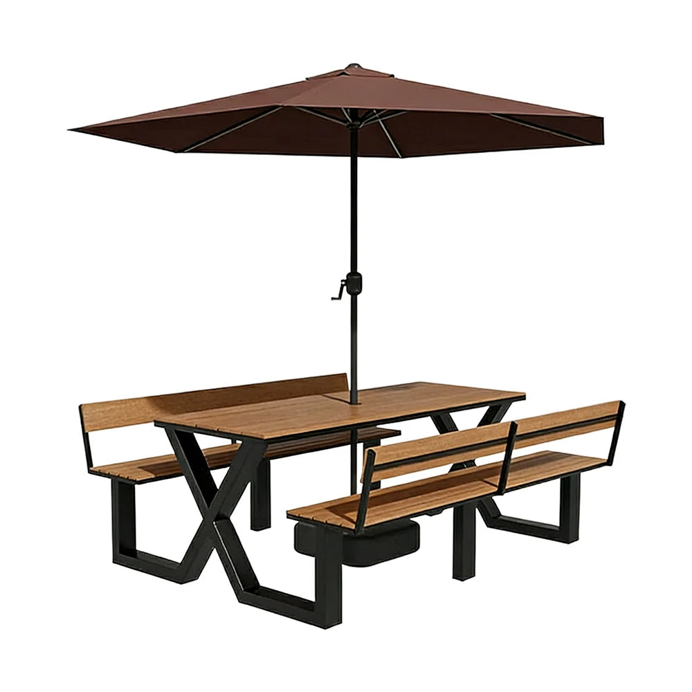 SOLARA Outdoor Table and Bench Set with Umbrella Backrest Design Steel Frame 120/160/200cm Patio Garden Dining Set Weather Resistant - Black