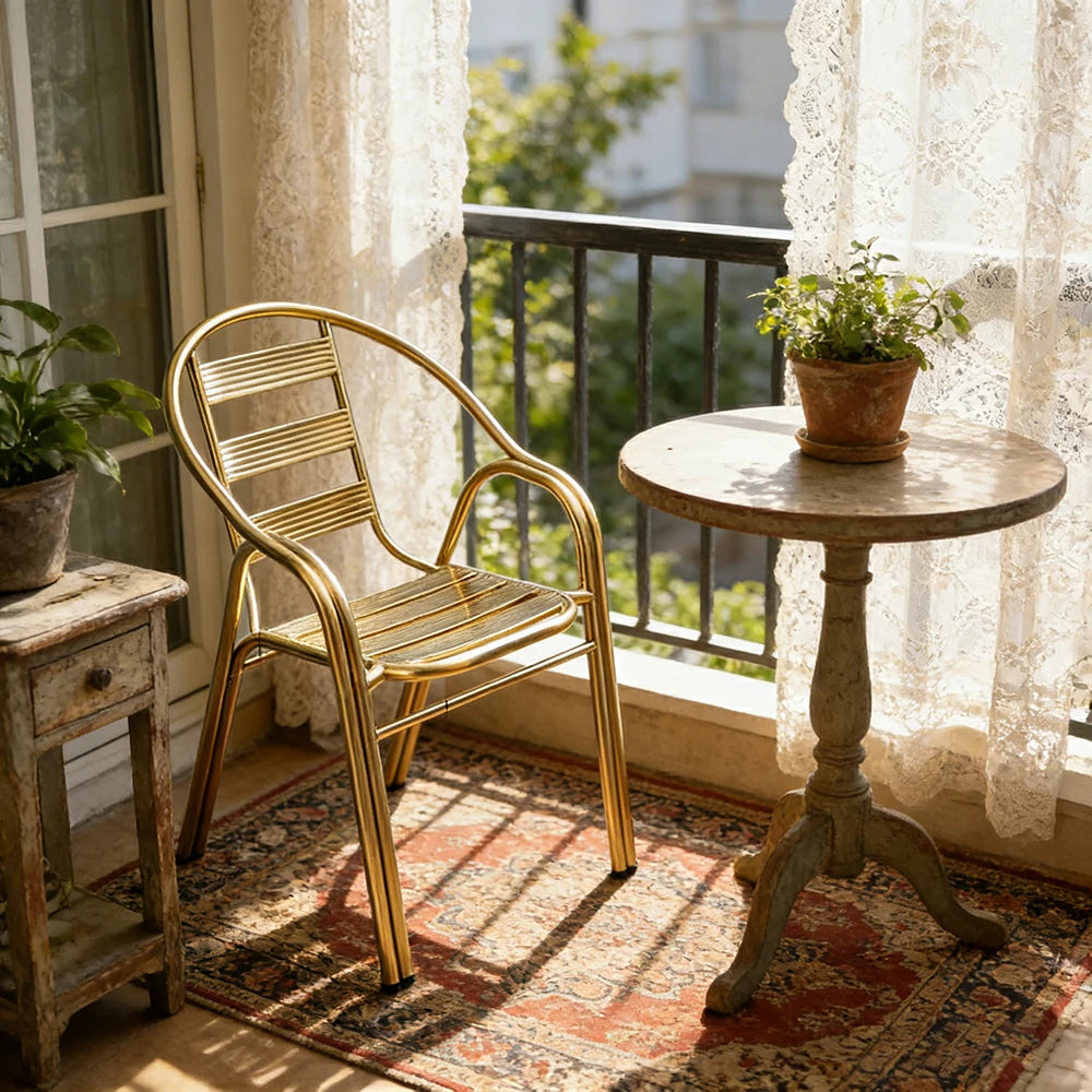 SOLARA Stainless Steel Outdoor Chair Weather Resistant Heavy Duty Reinforced Frame Patio Garden Balcony Seating - Gold