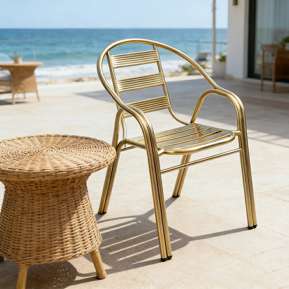 SOLARA Stainless Steel Outdoor Chair Weather Resistant Heavy Duty Reinforced Frame Patio Garden Balcony Seating - Gold