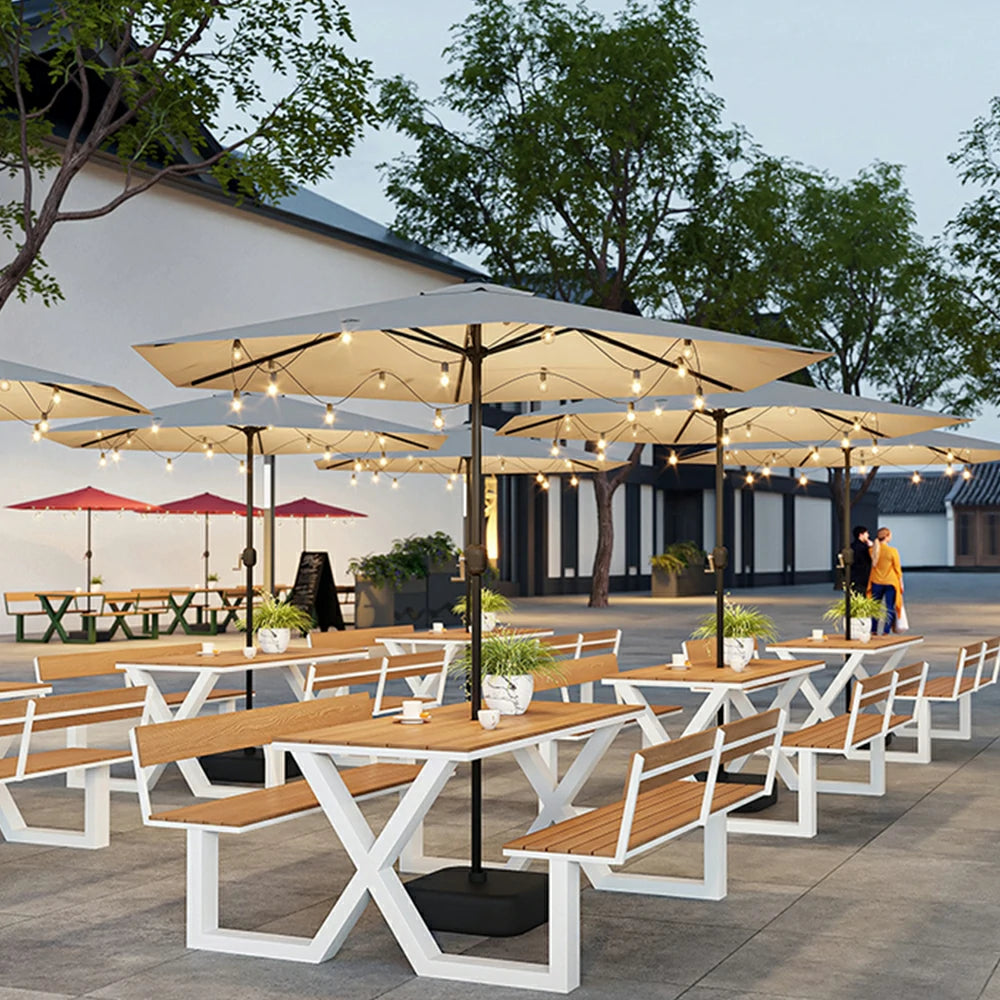 SOLARA Outdoor Table and Bench Set with Umbrella Backrest Design Steel Frame 120/160/200cm Patio Garden Dining Set Weather Resistant - White