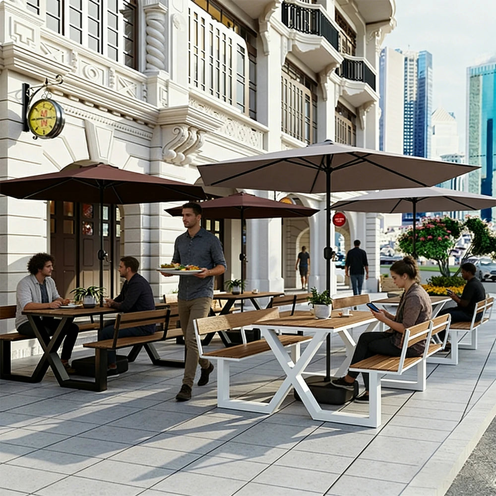 SOLARA Outdoor Table and Bench Set with Umbrella Backrest Design Steel Frame 120/160/200cm Patio Garden Dining Set Weather Resistant - White