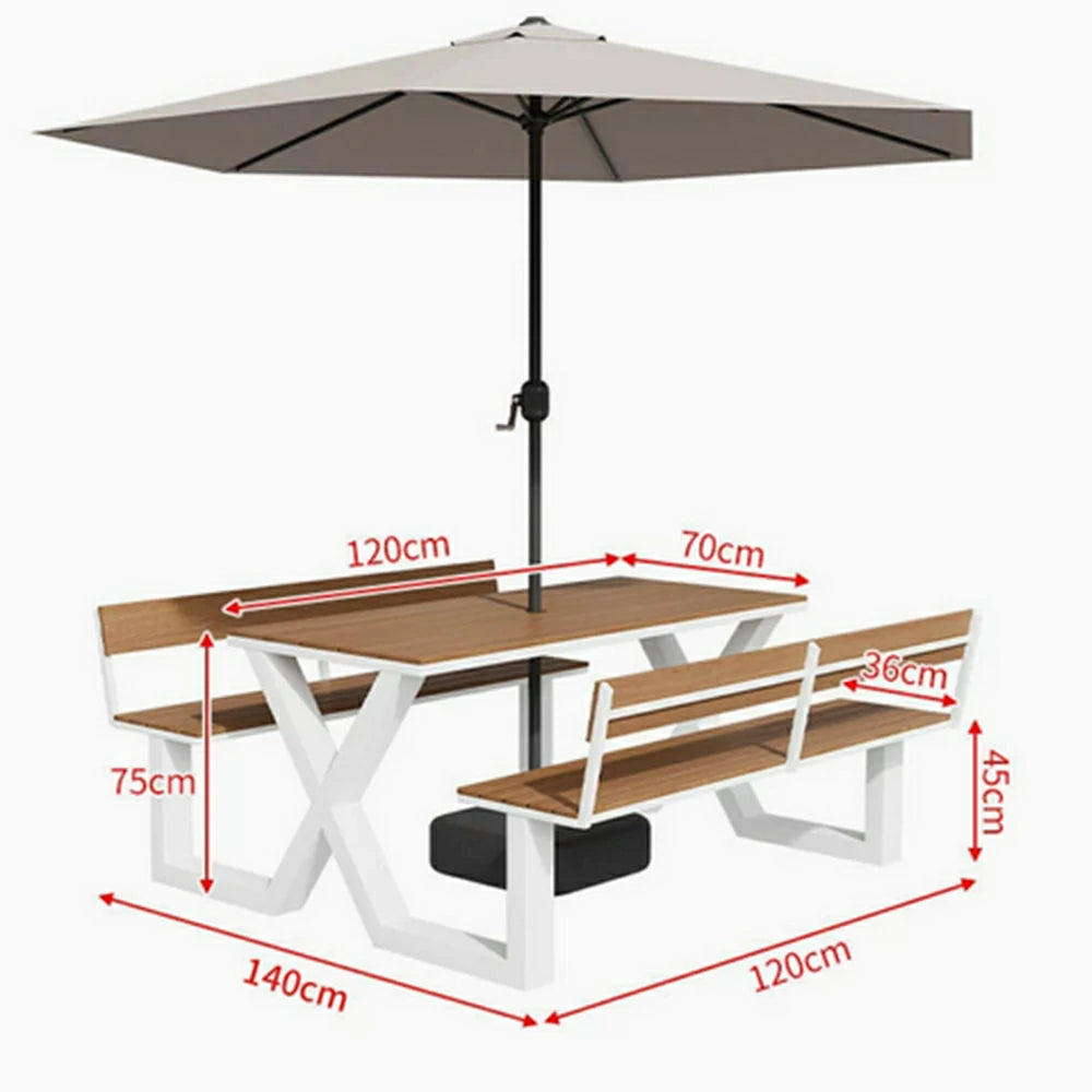 SOLARA Outdoor Table and Bench Set with Umbrella Backrest Design Steel Frame 120/160/200cm Patio Garden Dining Set Weather Resistant - White
