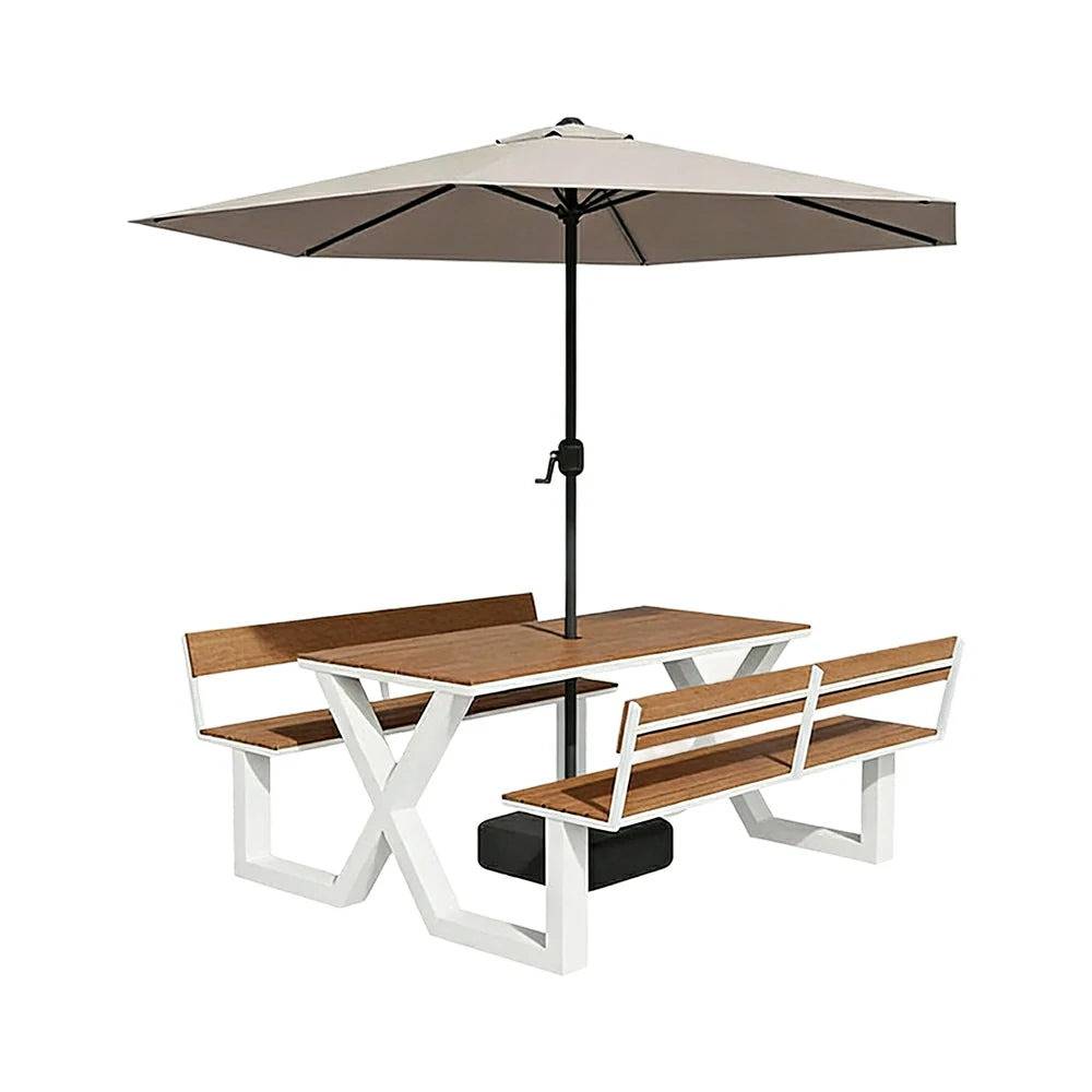 SOLARA Outdoor Table and Bench Set with Umbrella Backrest Design Steel Frame 120/160/200cm Patio Garden Dining Set Weather Resistant - White
