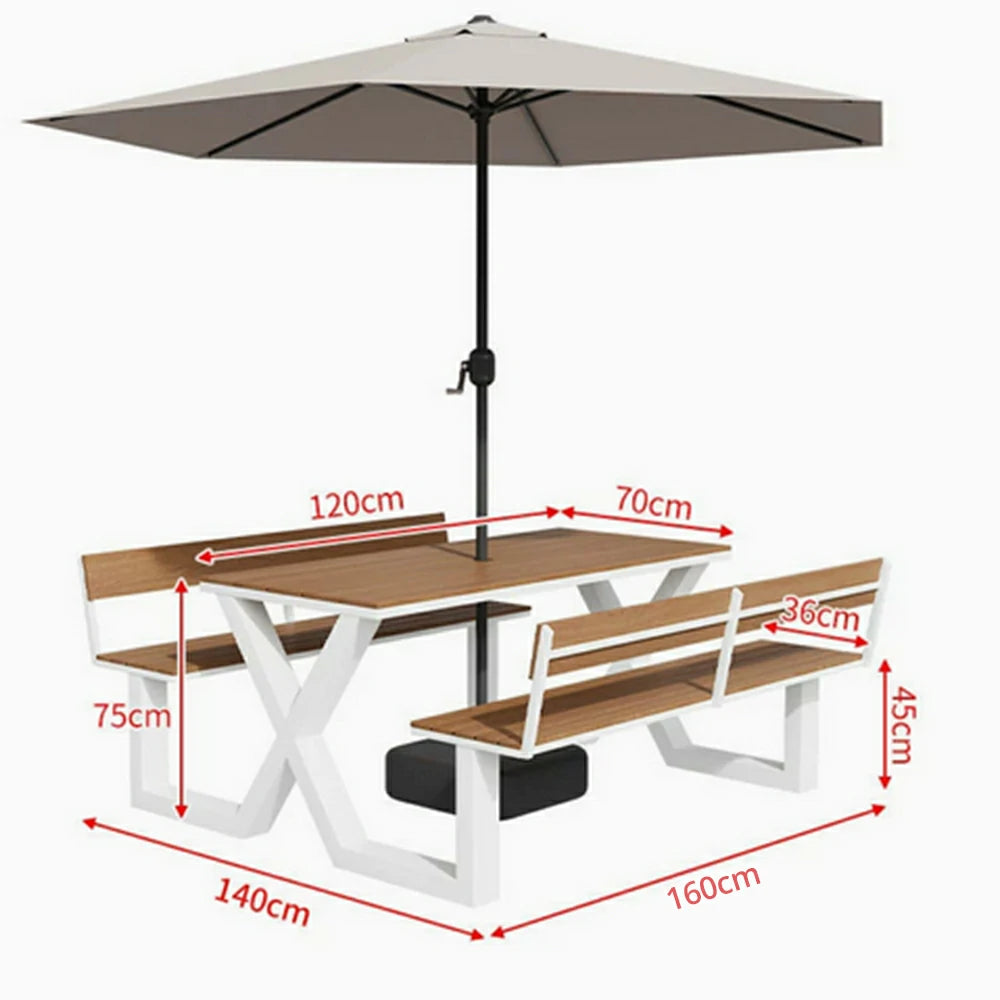 SOLARA Outdoor Table and Bench Set with Umbrella Backrest Design Steel Frame 120/160/200cm Patio Garden Dining Set Weather Resistant - White