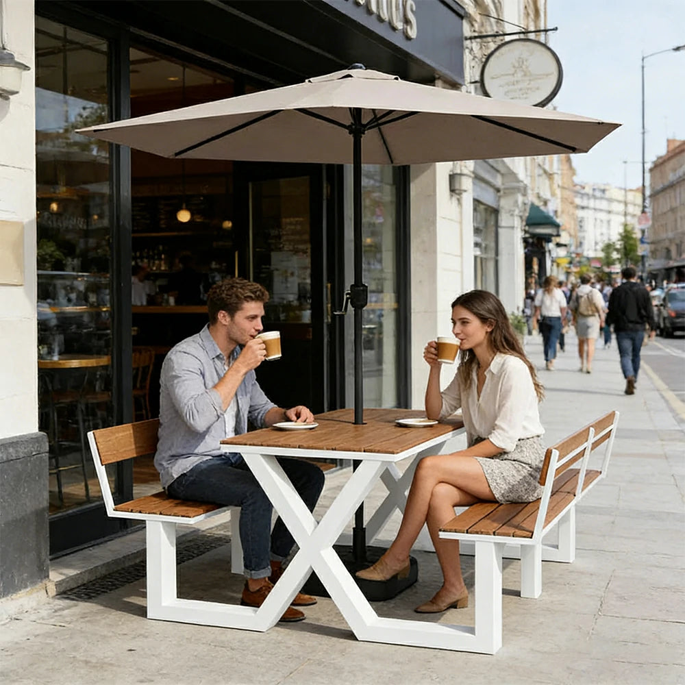 SOLARA Outdoor Table and Bench Set with Umbrella Backrest Design Steel Frame 120/160/200cm Patio Garden Dining Set Weather Resistant - White