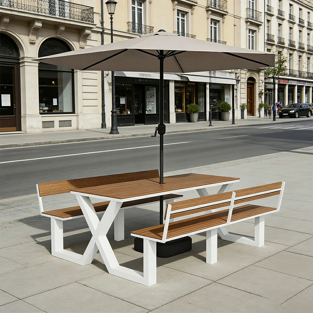 SOLARA Outdoor Table and Bench Set with Umbrella Backrest Design Steel Frame 120/160/200cm Patio Garden Dining Set Weather Resistant - White