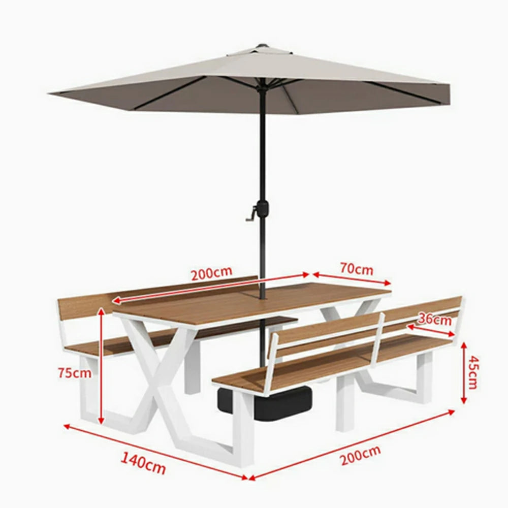 SOLARA Outdoor Table and Bench Set with Umbrella Backrest Design Steel Frame 120/160/200cm Patio Garden Dining Set Weather Resistant - White