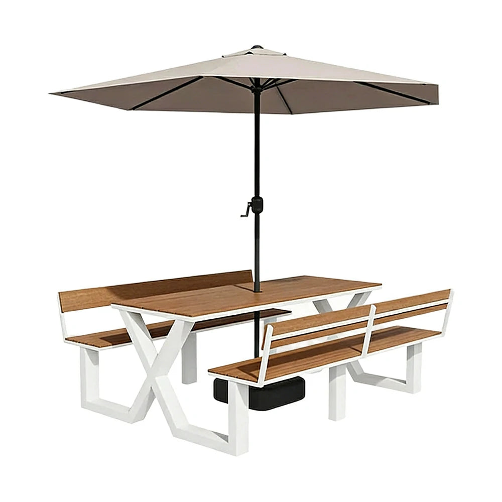 SOLARA Outdoor Table and Bench Set with Umbrella Backrest Design Steel Frame 120/160/200cm Patio Garden Dining Set Weather Resistant - White