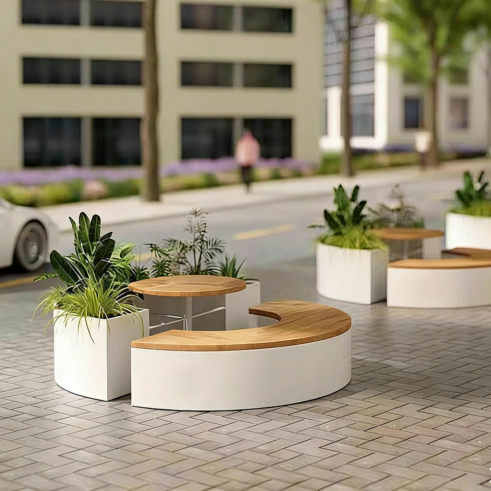SOLARA Circular Planter Bench Integrated Seat and Table 140/160cm for Outdoor Squares Courtyards Parks - White