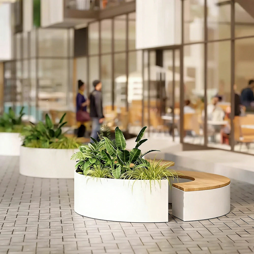 SOLARA Circular Planter Bench Integrated Seat and Table 140/160cm for Outdoor Squares Courtyards Parks - White