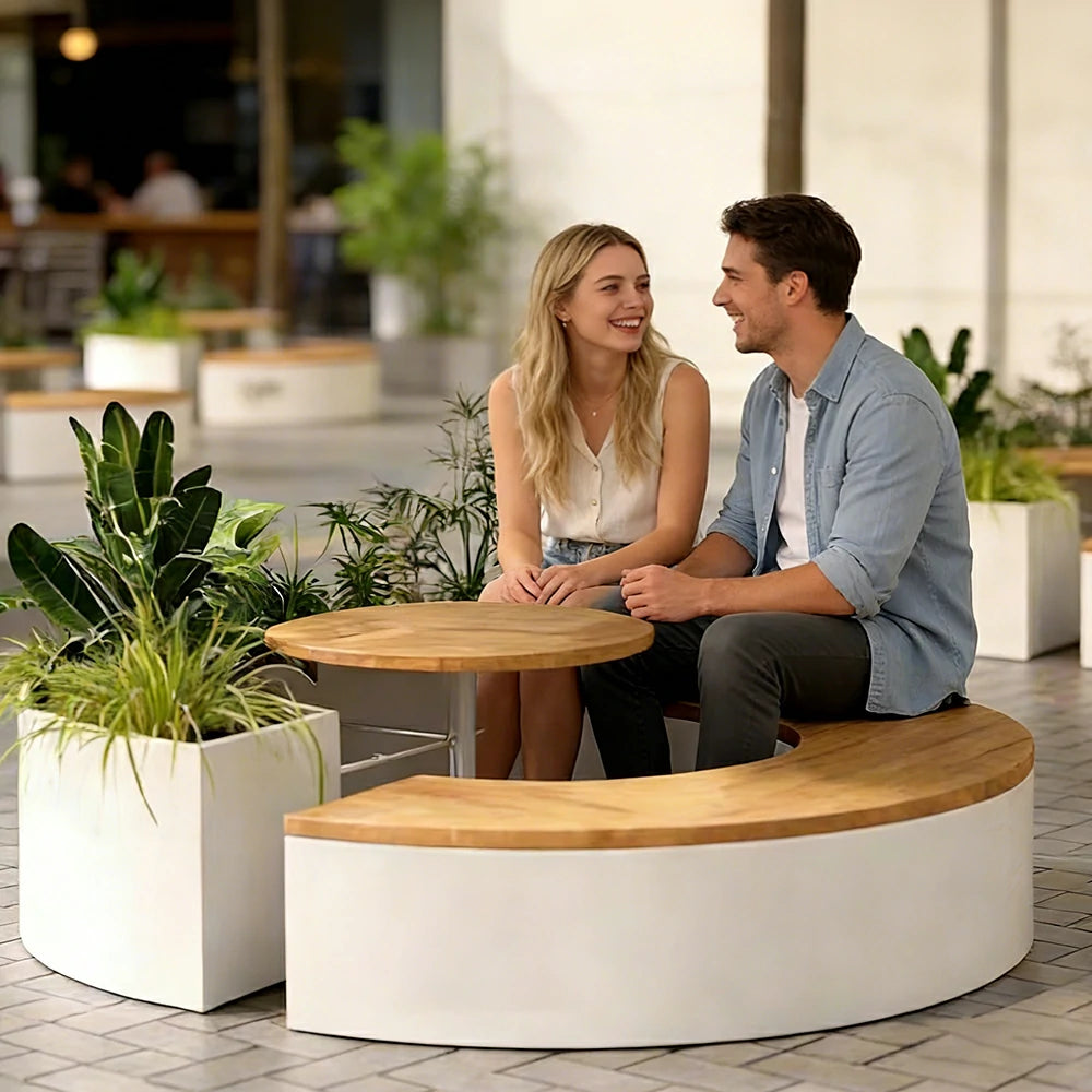 SOLARA Circular Planter Bench Integrated Seat and Table 140/160cm for Outdoor Squares Courtyards Parks - White