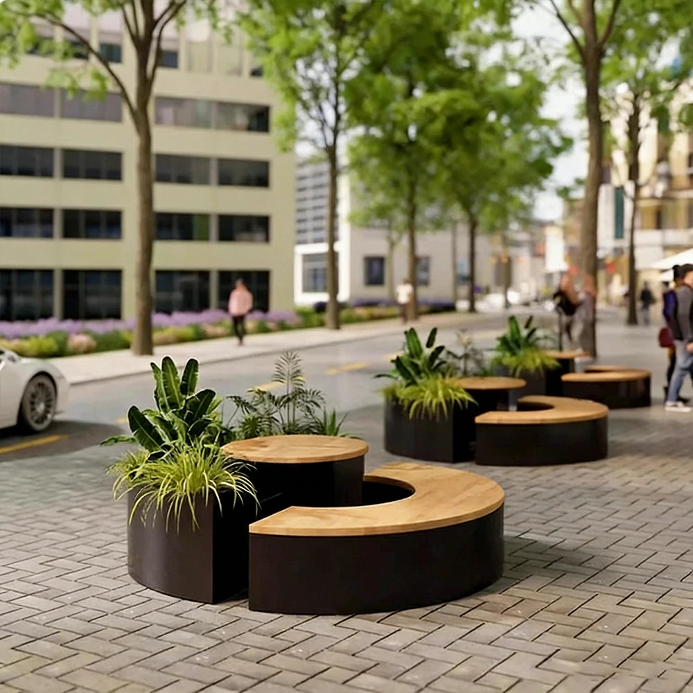 SOLARA Circular Planter Bench Integrated Seat and Table 140/160cm for Outdoor Squares Courtyards Parks - Black