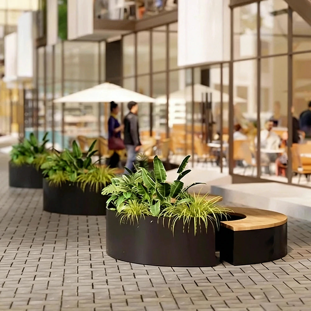 SOLARA Circular Planter Bench Integrated Seat and Table 140/160cm for Outdoor Squares Courtyards Parks - Black
