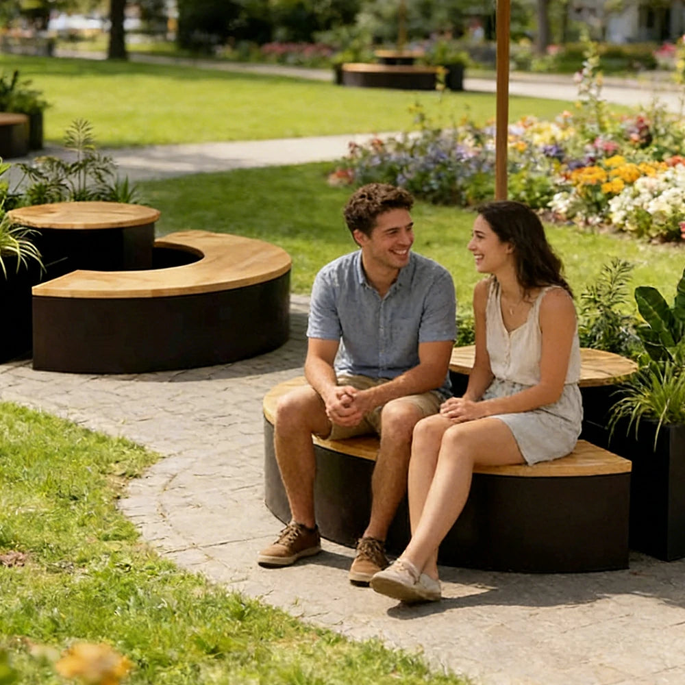 SOLARA Circular Planter Bench Integrated Seat and Table 140/160cm for Outdoor Squares Courtyards Parks - Black