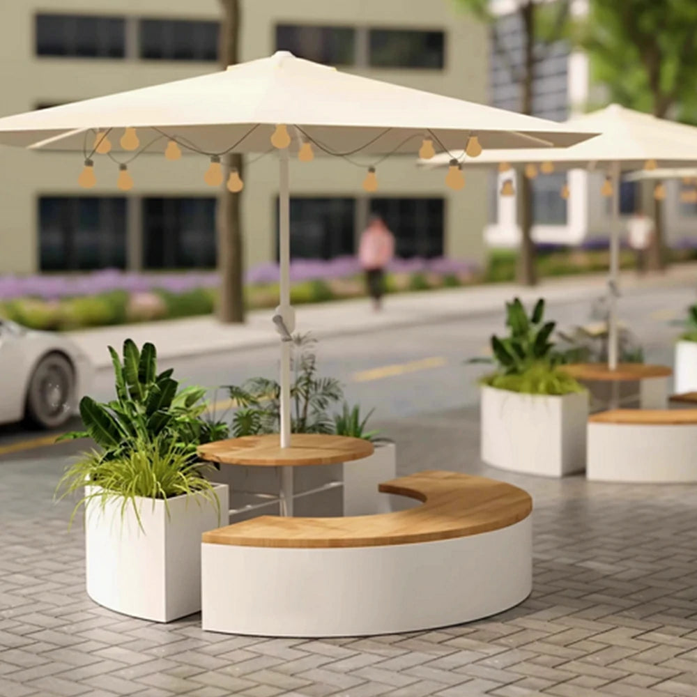 SOLARA Circular Planter Bench with Umbrella Integrated Seat and Table 140/160cm for Outdoor Squares Courtyards Parks - White