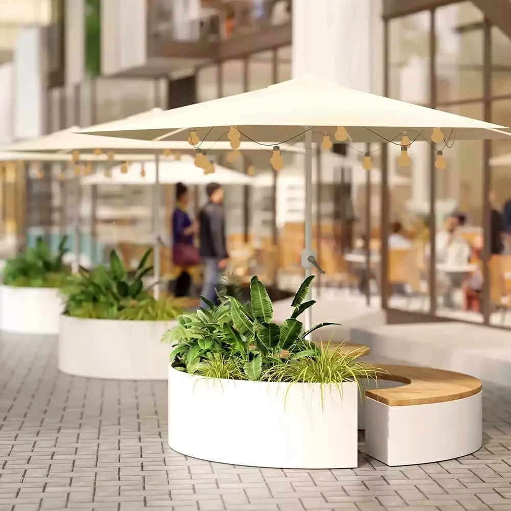 SOLARA Circular Planter Bench with Umbrella Integrated Seat and Table 140/160cm for Outdoor Squares Courtyards Parks - White
