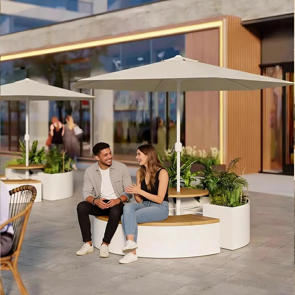 SOLARA Circular Planter Bench with Umbrella Integrated Seat and Table 140/160cm for Outdoor Squares Courtyards Parks - White