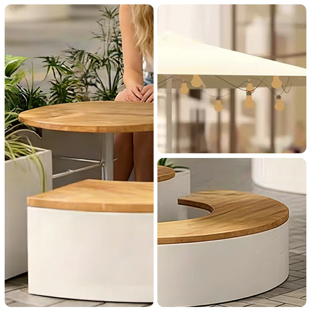 SOLARA Circular Planter Bench with Umbrella Integrated Seat and Table 140/160cm for Outdoor Squares Courtyards Parks - White