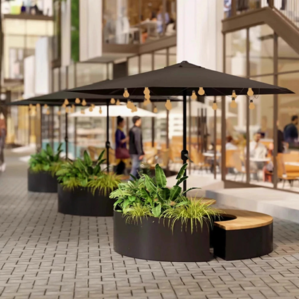 SOLARA Circular Planter Bench with Umbrella Integrated Seat and Table 140/160cm for Outdoor Squares Courtyards Parks - Black