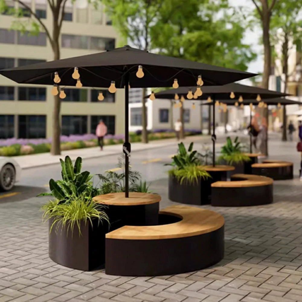 SOLARA Circular Planter Bench with Umbrella Integrated Seat and Table 140/160cm for Outdoor Squares Courtyards Parks - Black