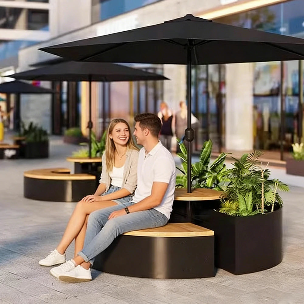 SOLARA Circular Planter Bench with Umbrella Integrated Seat and Table 140/160cm for Outdoor Squares Courtyards Parks - Black