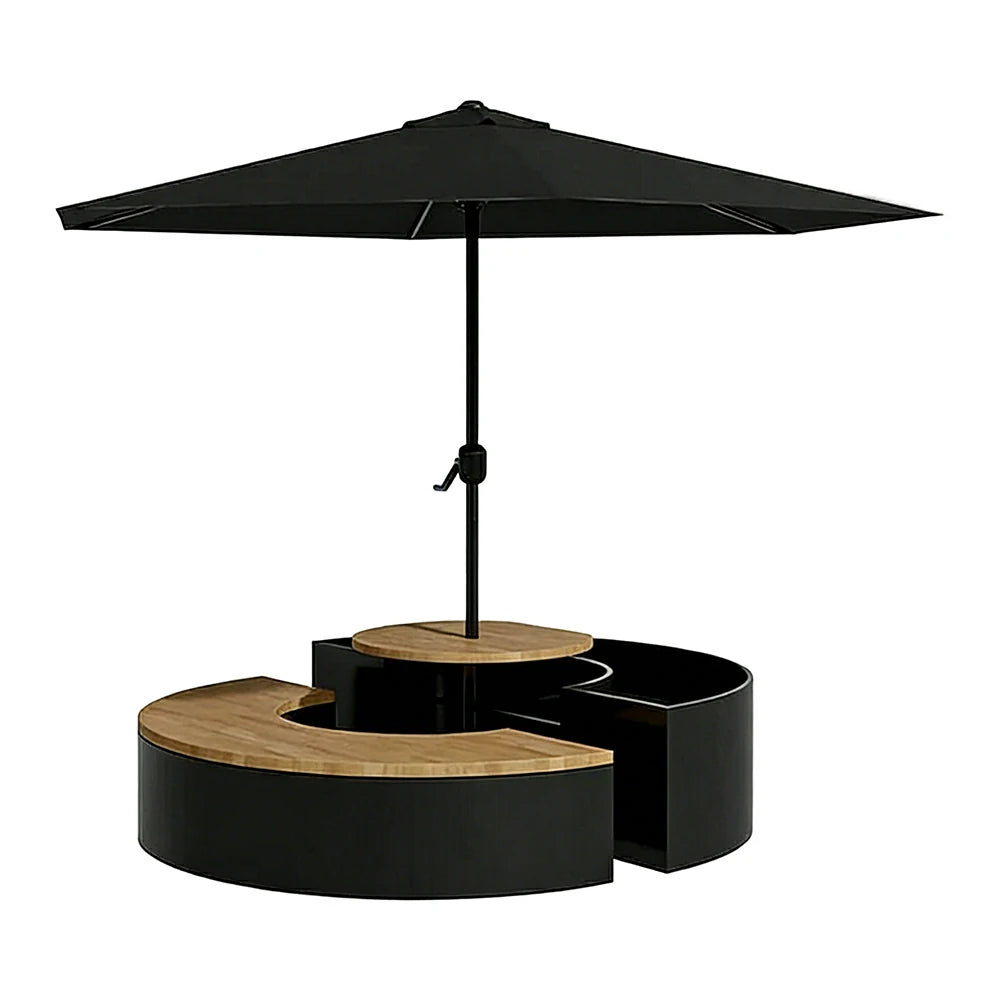 SOLARA Circular Planter Bench with Umbrella Integrated Seat and Table 140/160cm for Outdoor Squares Courtyards Parks - Black