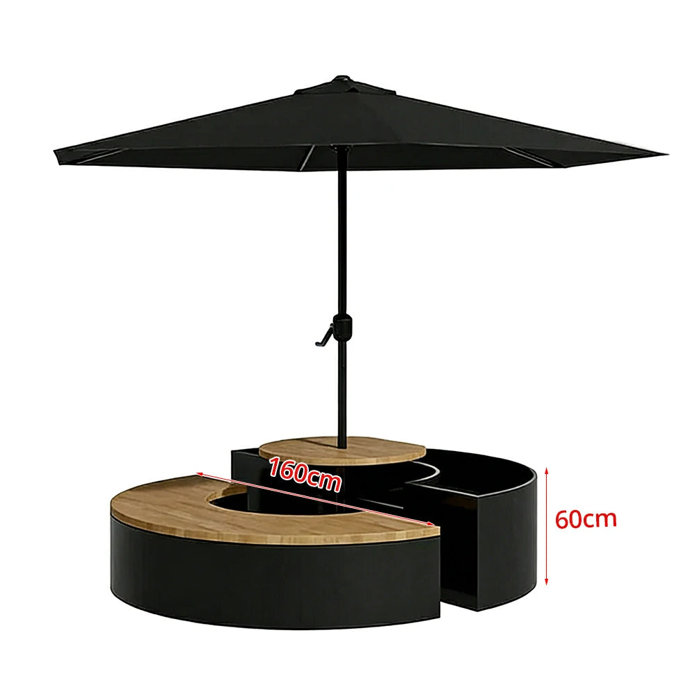 SOLARA Circular Planter Bench with Umbrella Integrated Seat and Table 140/160cm for Outdoor Squares Courtyards Parks - Black