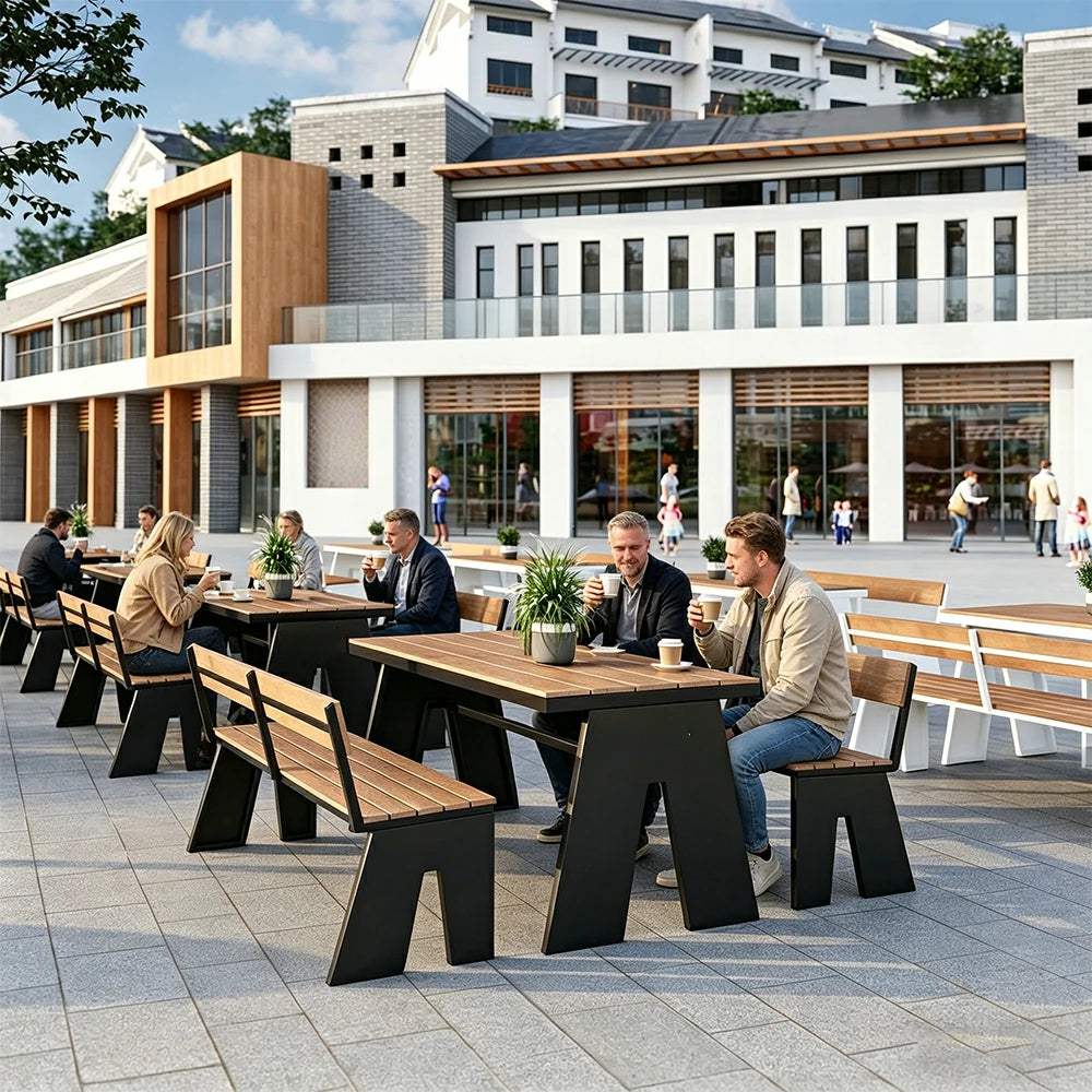 SOLARA Outdoor Table and Bench Set Waterproof WPC and Metal Frame 120/140/160cm for Garden Patio Hotel - Black