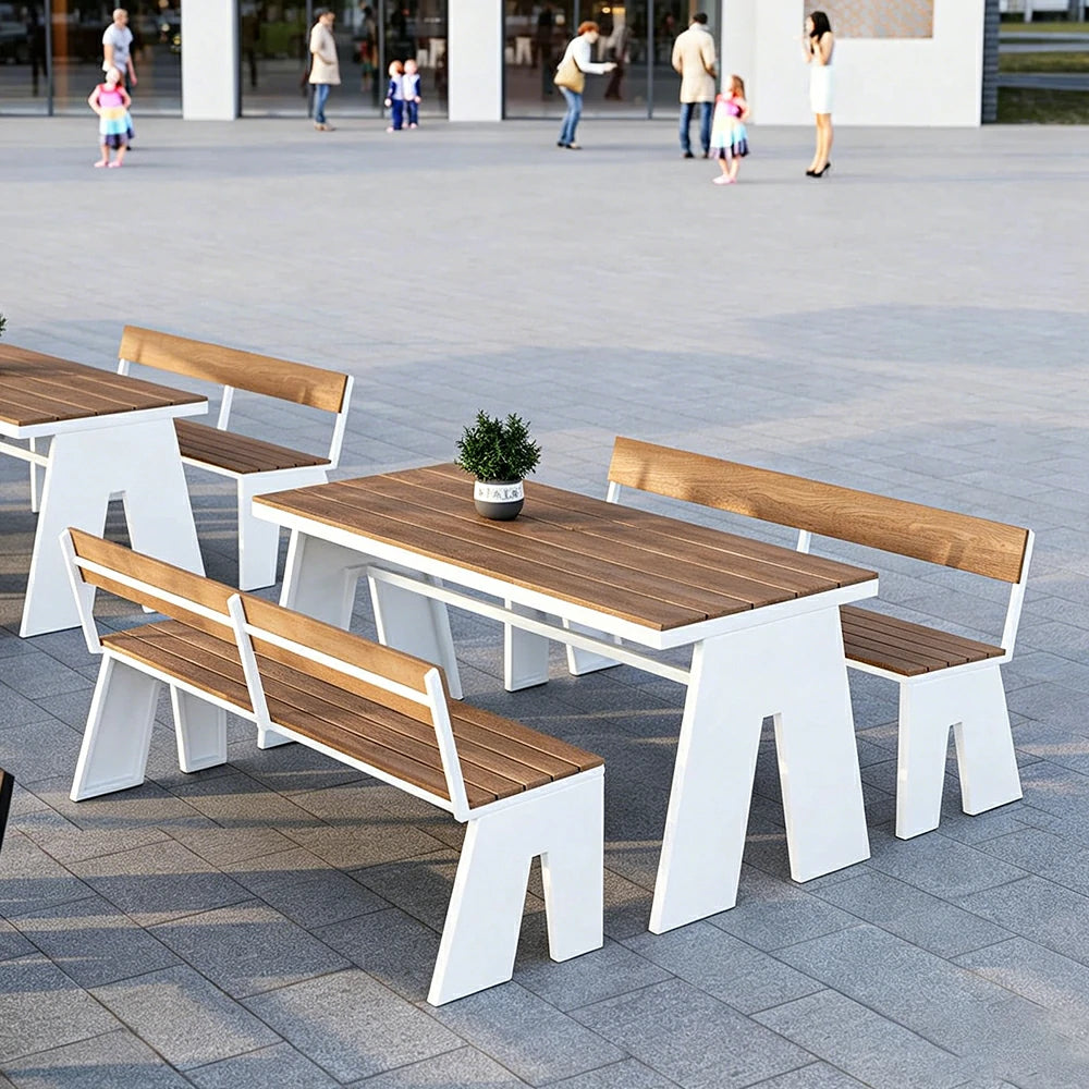 SOLARA Outdoor Table and Bench Set Waterproof WPC and Metal Frame 120/140/160cm for Garden Patio Hotel - White