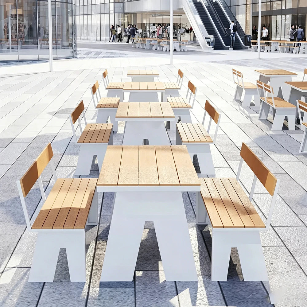 SOLARA Outdoor Table and Bench Set Waterproof WPC and Metal Frame 120/140/160cm for Garden Patio Hotel - White