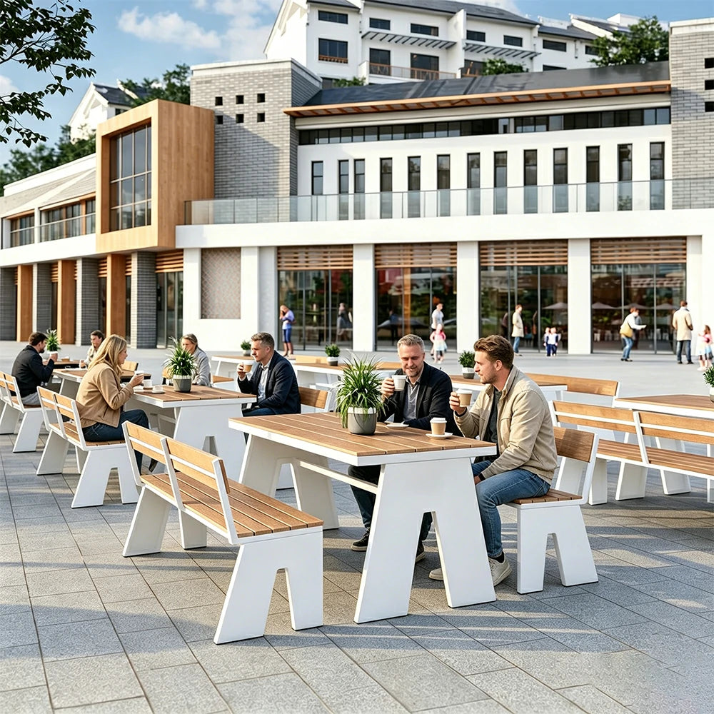 SOLARA Outdoor Table and Bench Set Waterproof WPC and Metal Frame 120/140/160cm for Garden Patio Hotel - White