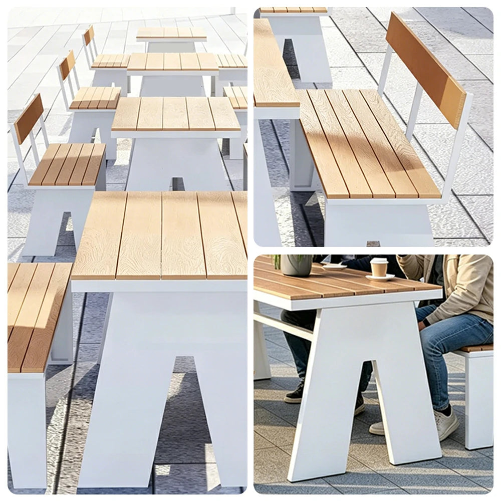 SOLARA Outdoor Table and Bench Set Waterproof WPC and Metal Frame 120/140/160cm for Garden Patio Hotel - White