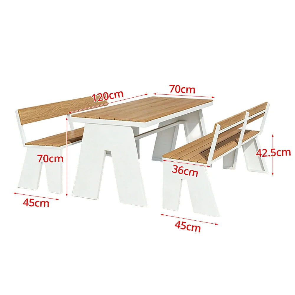 SOLARA Outdoor Table and Bench Set Waterproof WPC and Metal Frame 120/140/160cm for Garden Patio Hotel - White