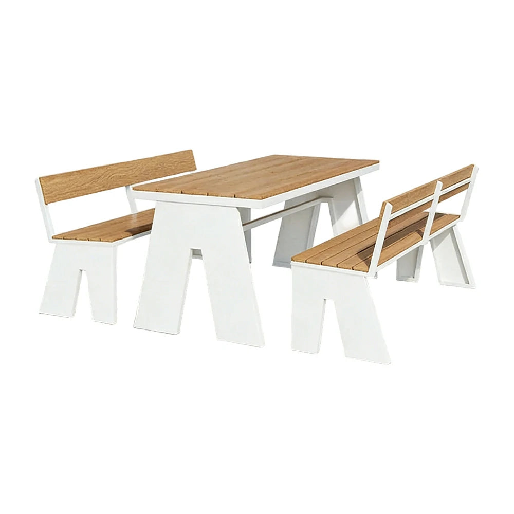 SOLARA Outdoor Table and Bench Set Waterproof WPC and Metal Frame 120/140/160cm for Garden Patio Hotel - White