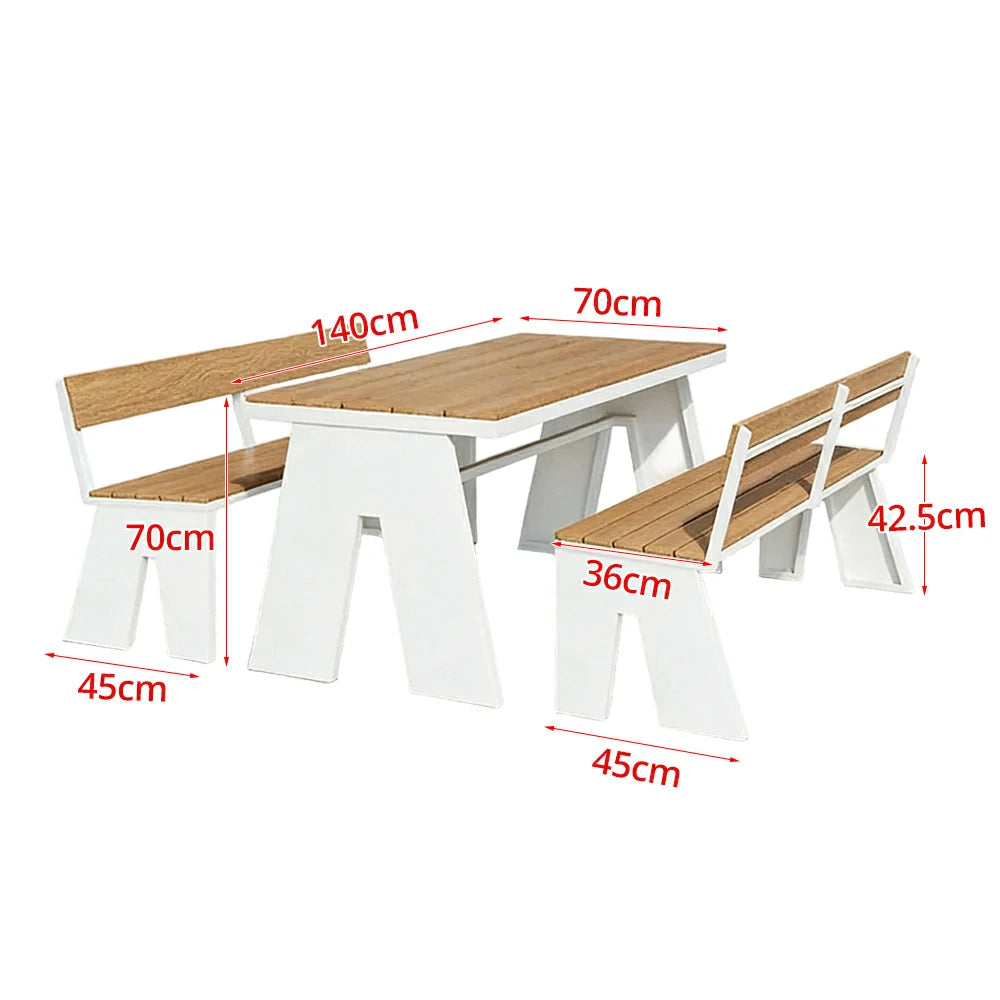SOLARA Outdoor Table and Bench Set Waterproof WPC and Metal Frame 120/140/160cm for Garden Patio Hotel - White