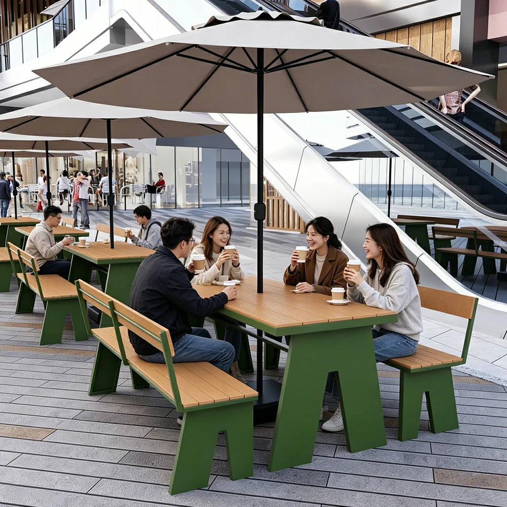 SOLARA Outdoor Table and Bench Set with Umbrella Waterproof WPC and Metal Frame 120/140/160cm for Garden Patio Hotel - Green